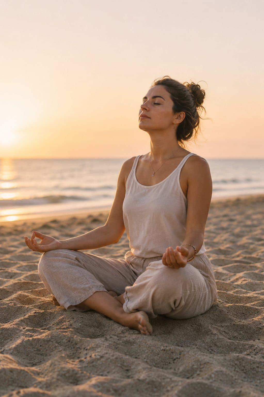 Vrouw mediteert op het strand bij zonsondergang - energie en rust