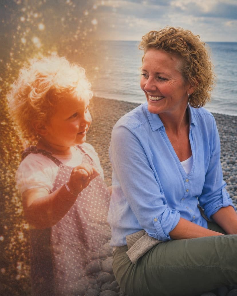 Volwassene op het strand met haar innerlijke kind als lichtbeeld naast zich