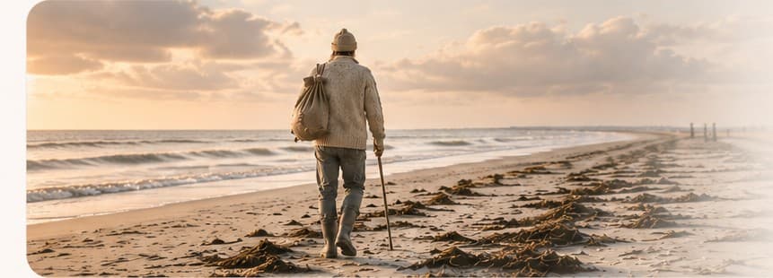 Wandelaar op het strand in het ochtendlicht
