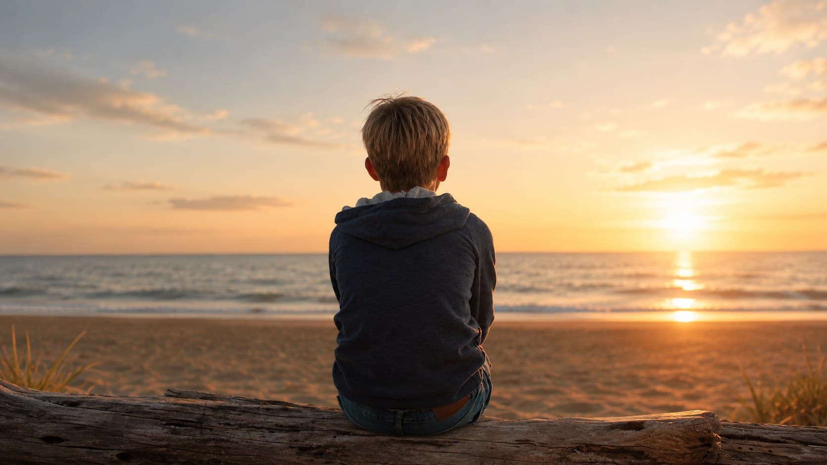 Kind zit op drijfhout op het strand en kijkt naar de zonsondergang boven zee