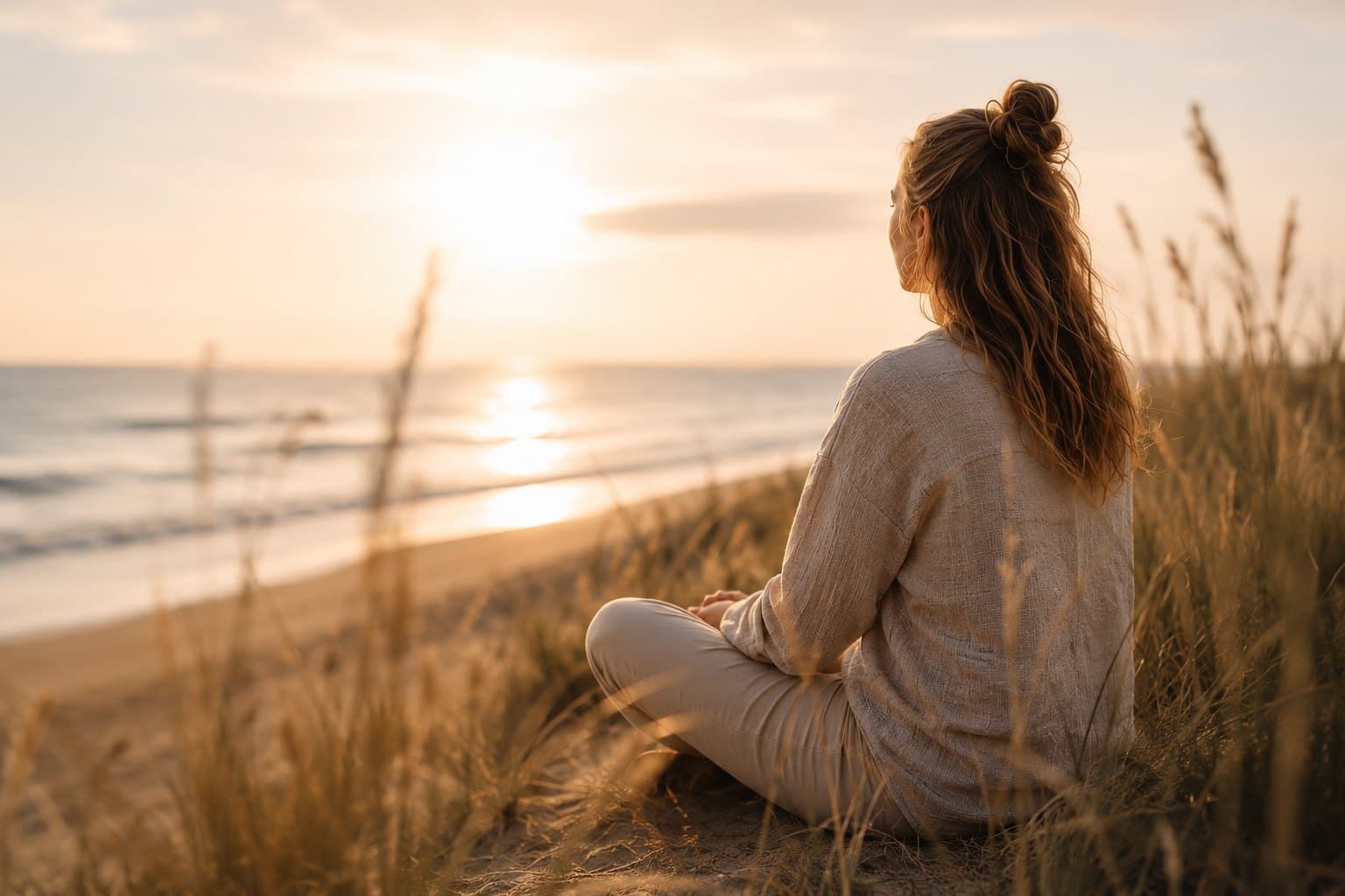 Vrouw mediteert in het duingras bij zonsondergang