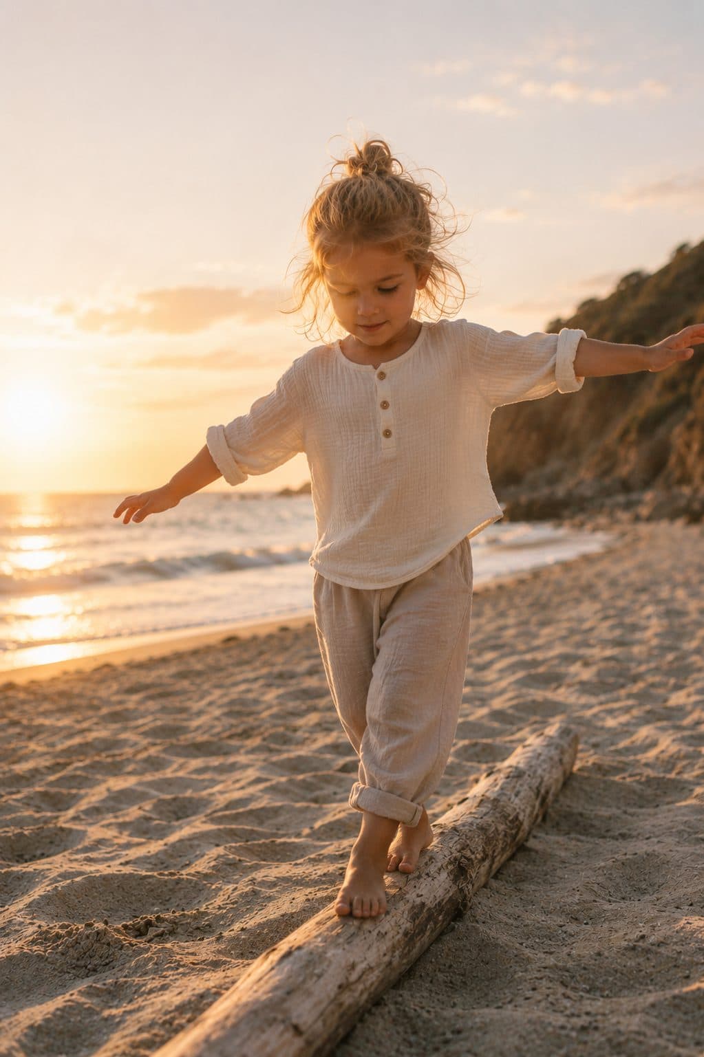 Kind balanceert op drijfhout op het strand bij zonsondergang
