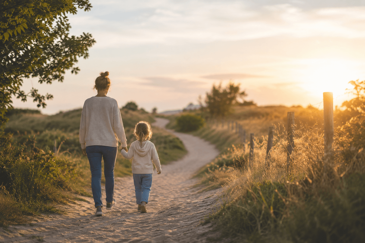 Een ouder en kind wandelen hand in hand over een duinpad bij avondlicht