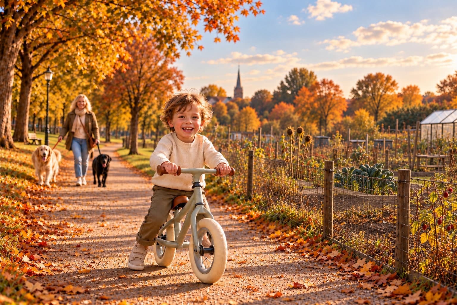 Een lachend jongetje op een loopfiets in een herfstlandschap, met zijn moeder en twee honden op het pad achter hem.